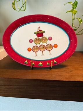 Festive Red Holiday Serving Platter with Tree Motif